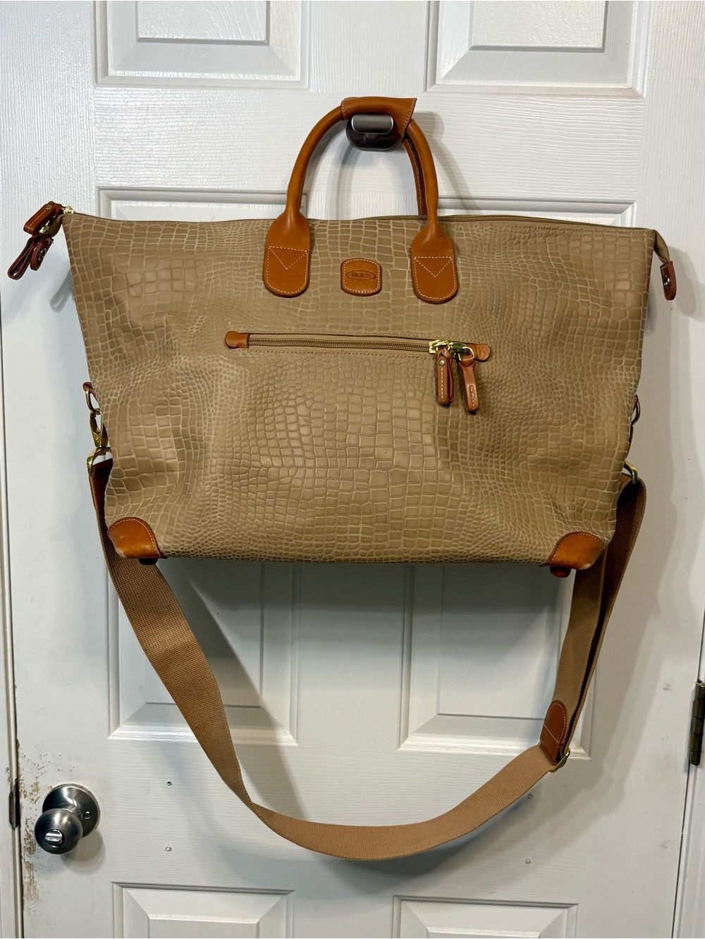 EUC - Bric's Beige Croc-Embossed Duffel with Tan Leather Trim